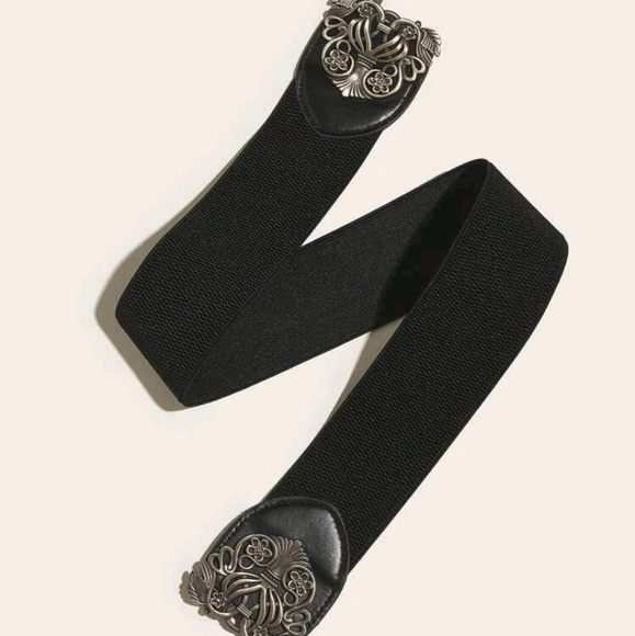 Plus size Black Vintage style floral buckle corset boho elastic wide waist belt - Picture 5 of 6